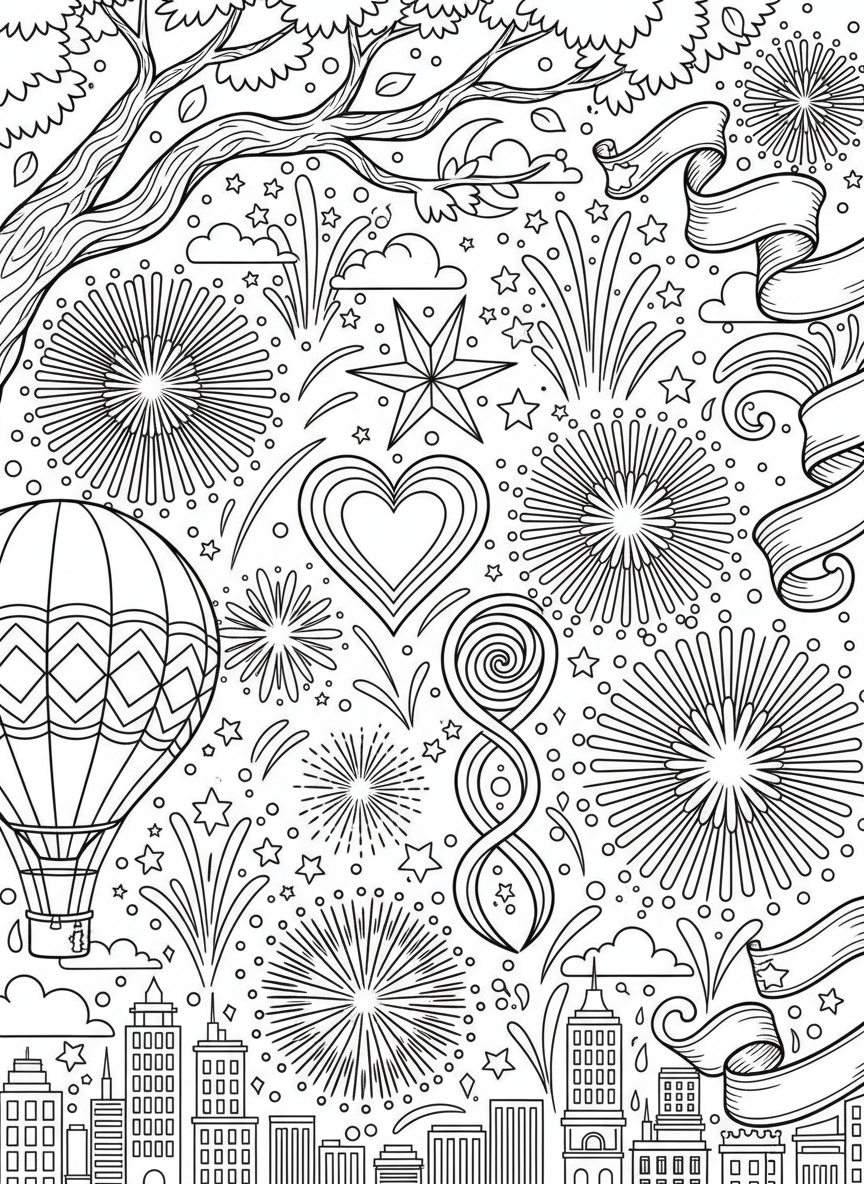 A detailed coloring page of various firework patterns bursting in different shapes like hearts, stars, and spirals