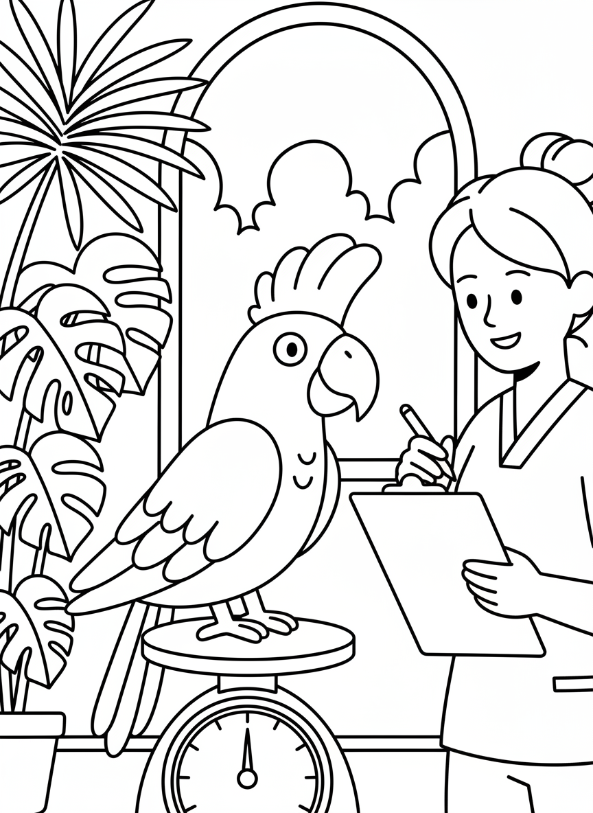 A parrot perched on a scale while a smiling vet takes notes on a clipboard, tropical plant in the corner of the room