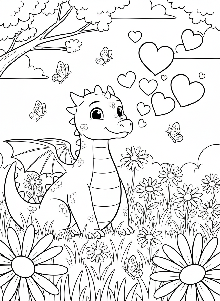 A young dragon blowing heart-shaped puffs of smoke while sitting in a meadow full of daisies and butterflies