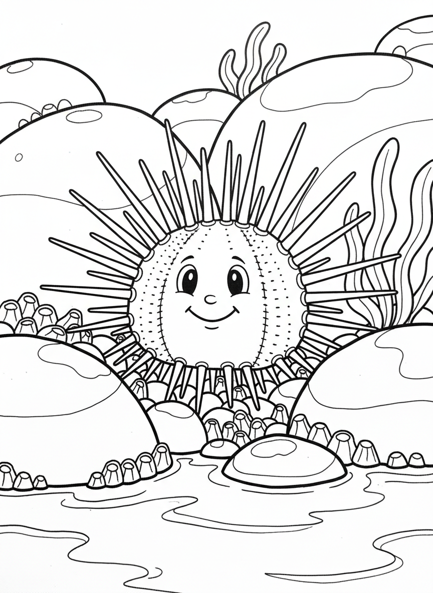 A smiling sea urchin with long spines sitting among rounded tide pool rocks and barnacles.