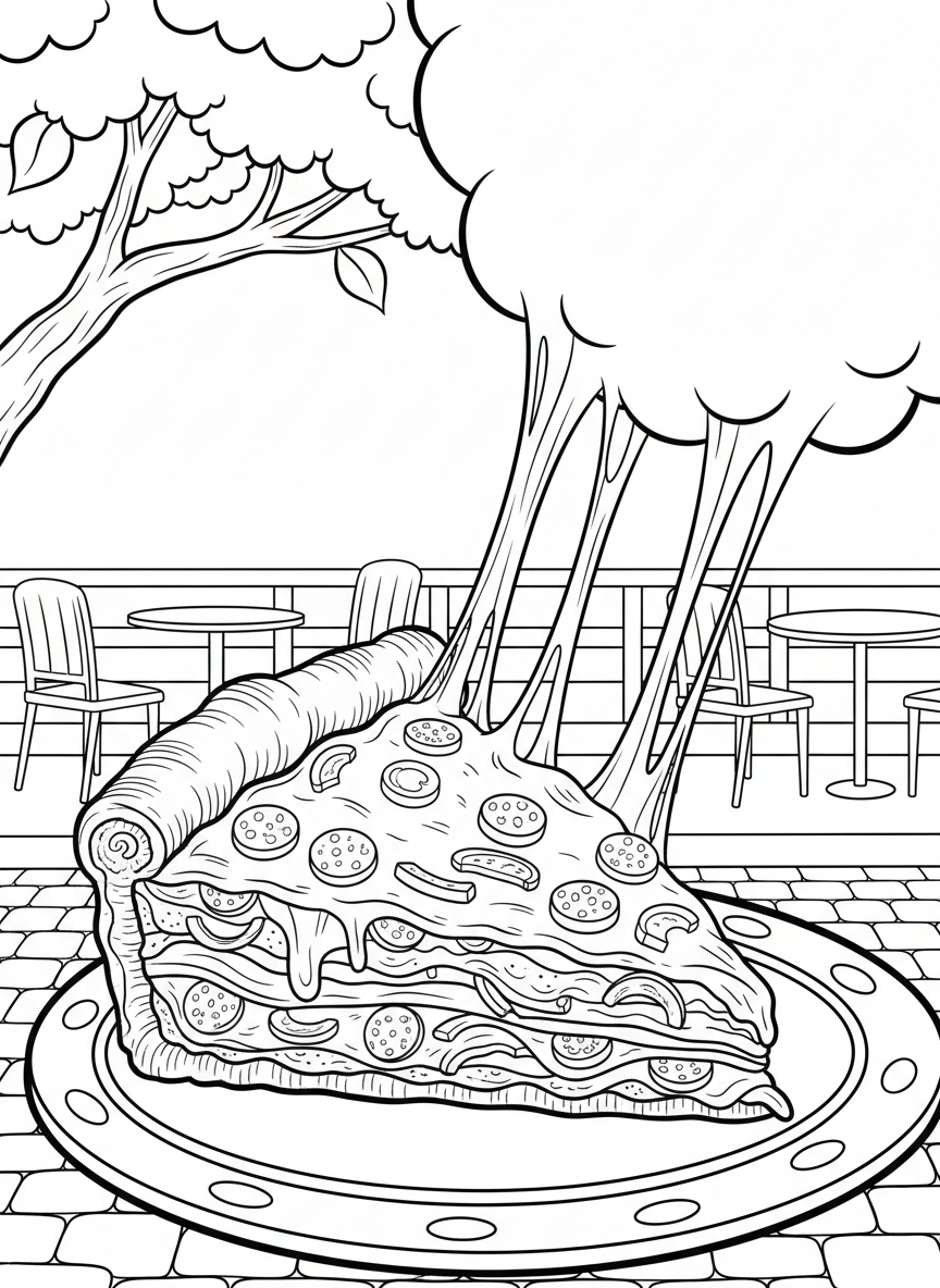 Deep-dish pizza slice on a plate with stretchy cheese, simple line art showing layers of toppings and thick crust