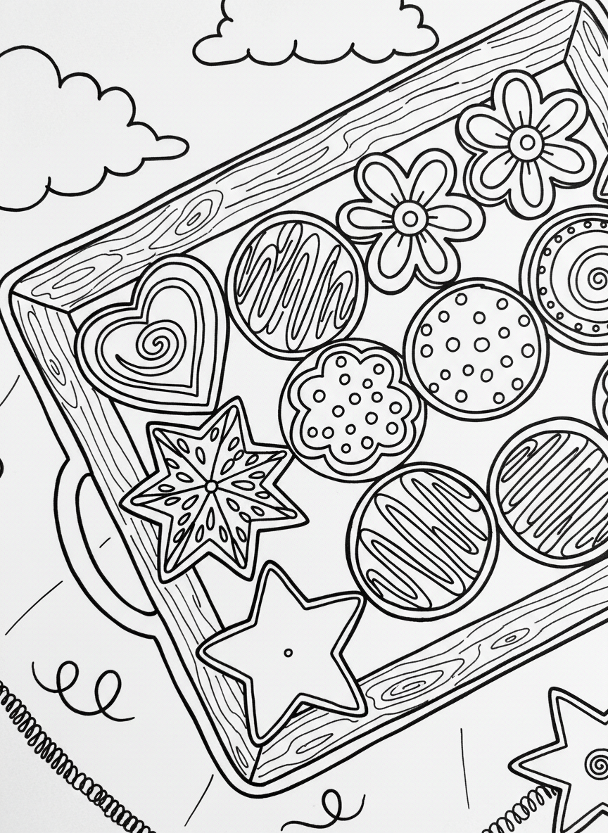 A tray of decorated sugar cookies in various shapes including stars, hearts, circles, and flowers with icing patterns.