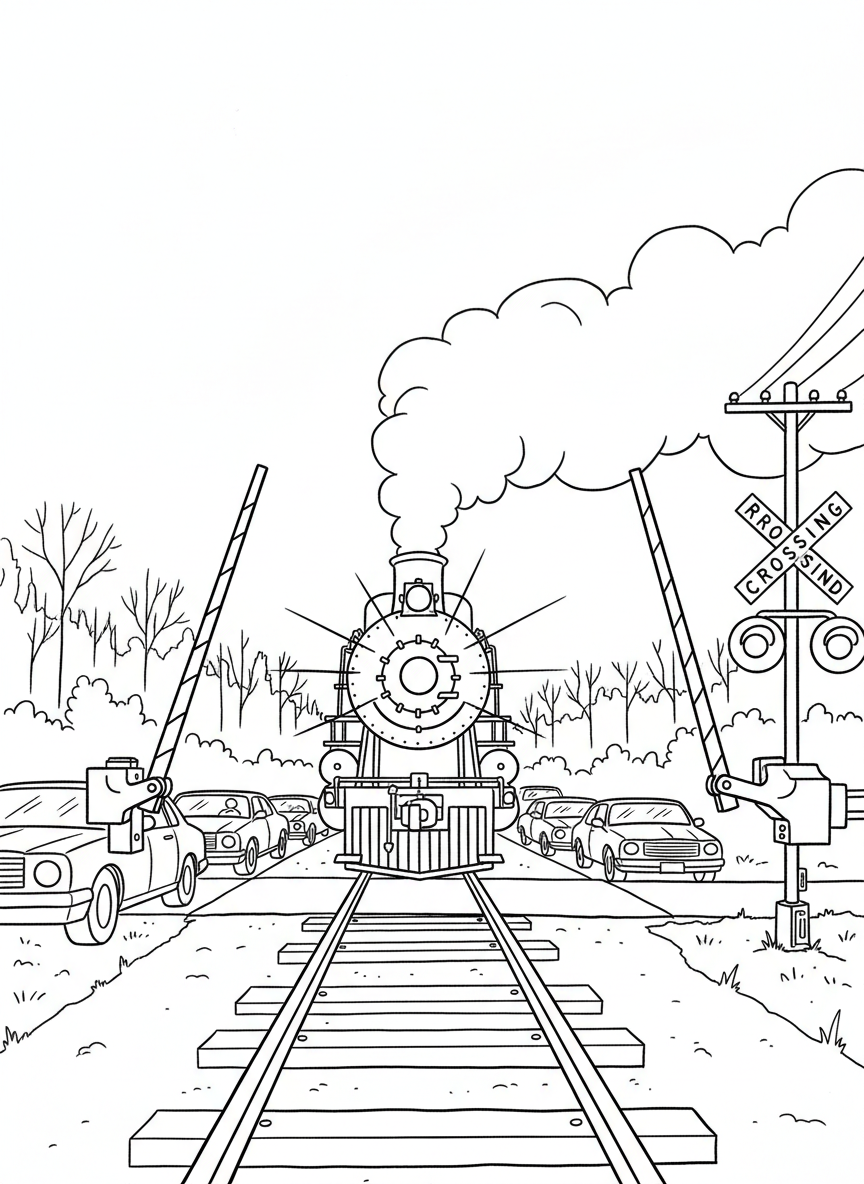 A train crossing scene with railroad gates lowered, cars waiting nearby, and a bright locomotive approaching from the distance.