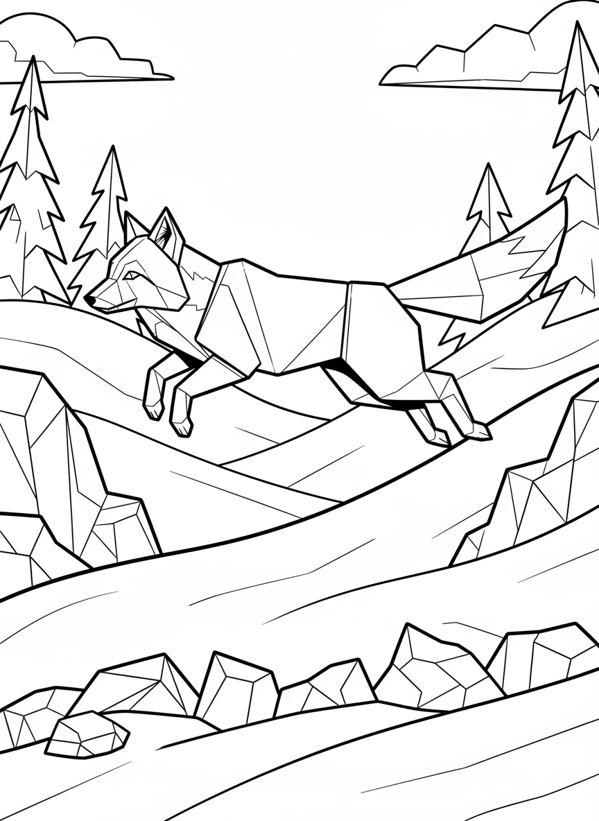 An origami arctic fox in mid-leap with angular paper-fold body, pointed ears and bushy tail made of geometric shapes, dynamic action pose
