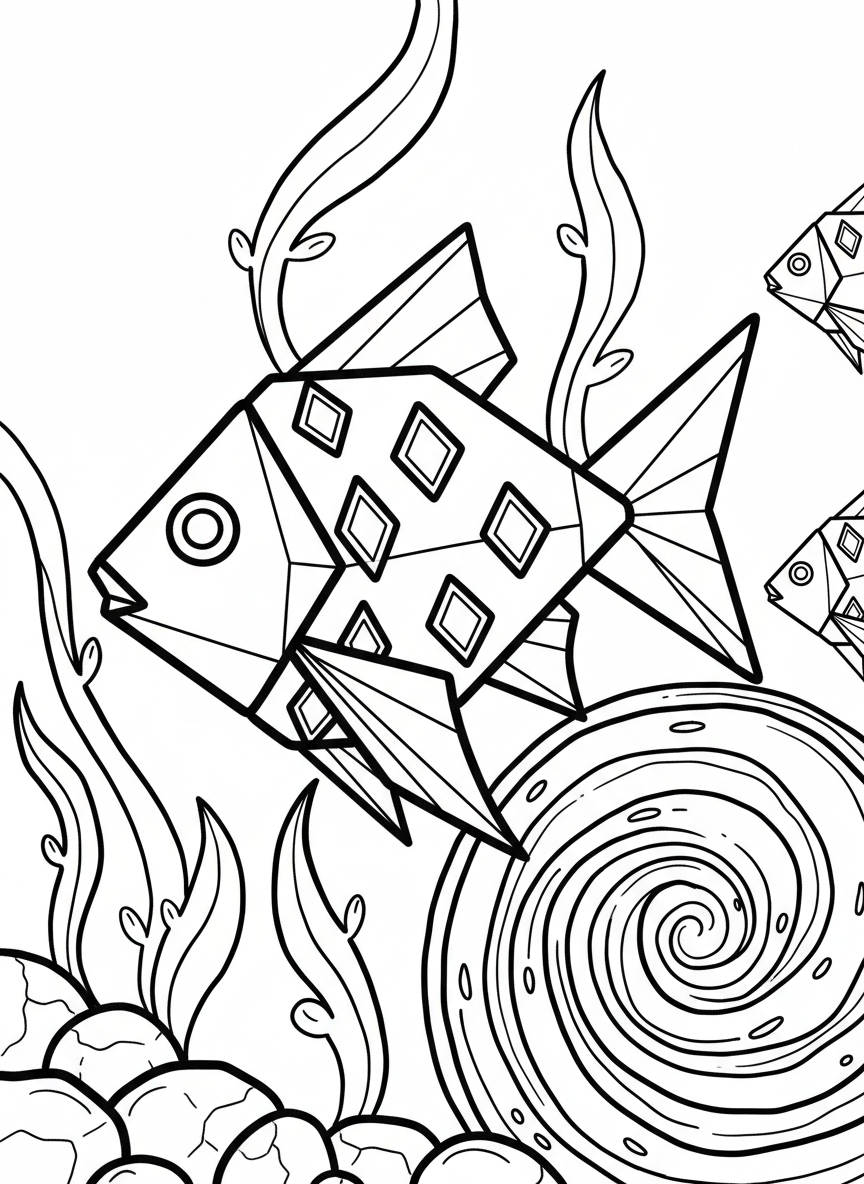 A simple origami fish with triangular fins and a diamond-shaped body, showing clean fold lines and geometric scales in a swimming pose.