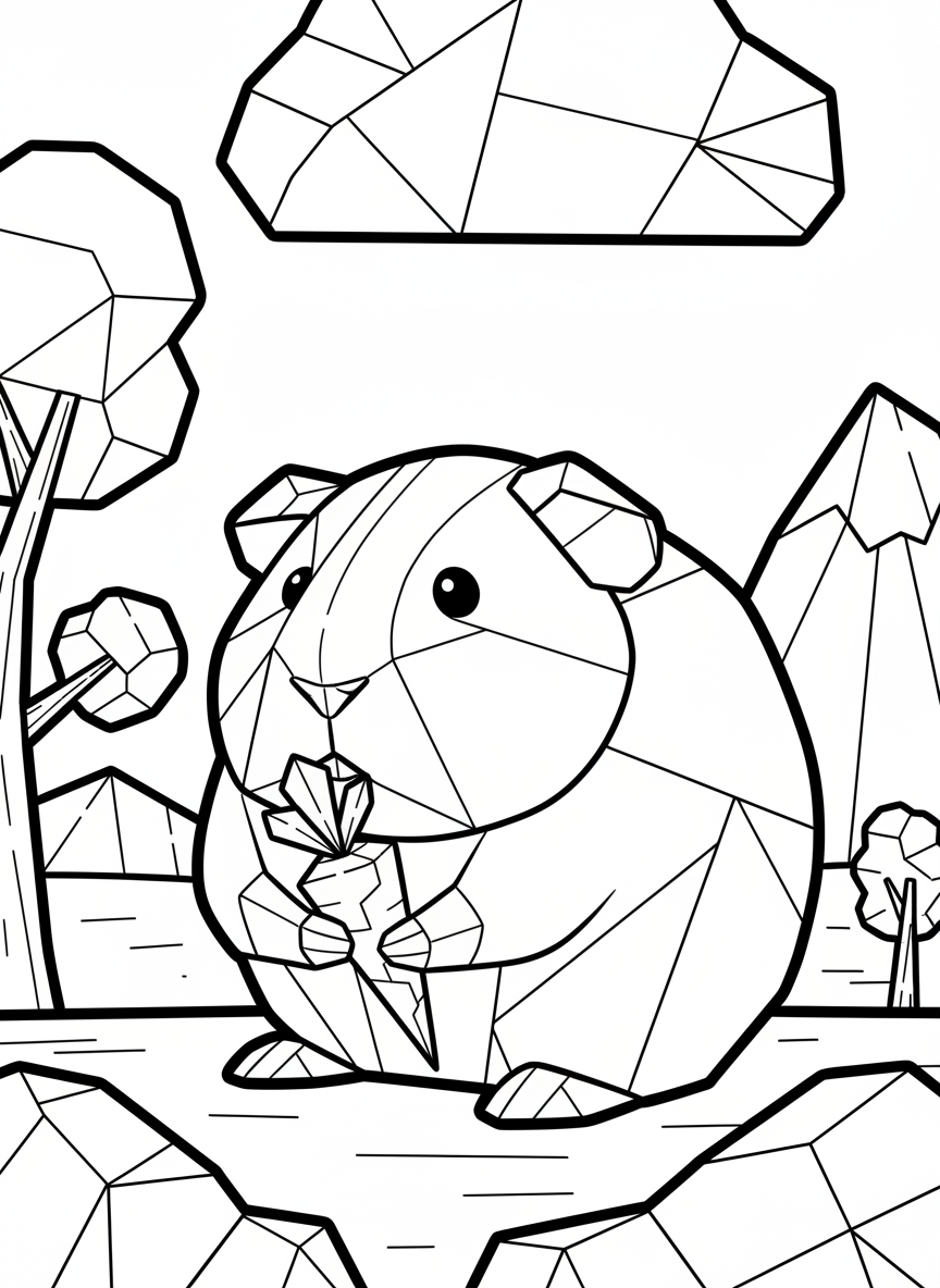 An origami guinea pig with a round body eating a carrot, simple geometric shapes with clear fold lines throughout