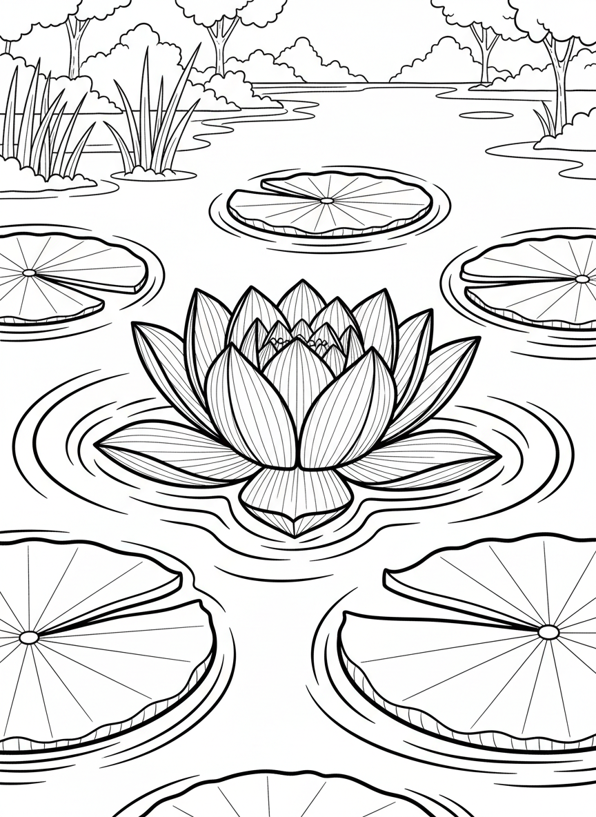 An origami lotus flower floating on water, showing detailed petal folds and creases, with lily pads around it, simple line drawing.