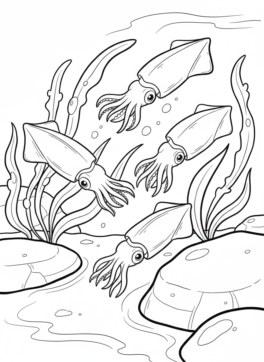 A group of three small squid swimming together in a tide pool with seaweed swaying around them