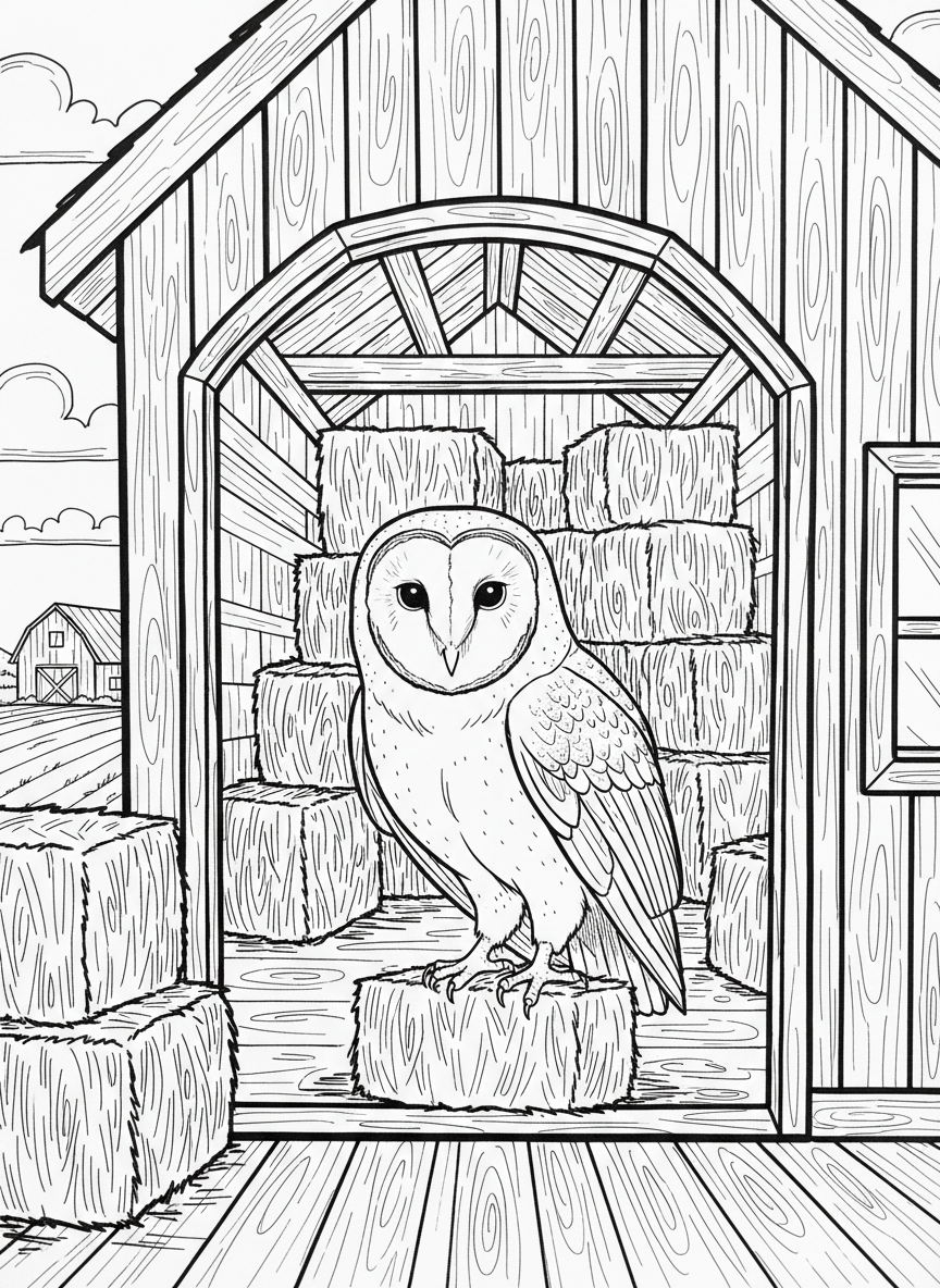 A barn owl perched in the open door of a hayloft, with bales of hay stacked inside.
