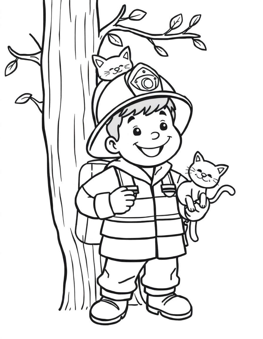A cheerful firefighter helping a cat out of a tree.