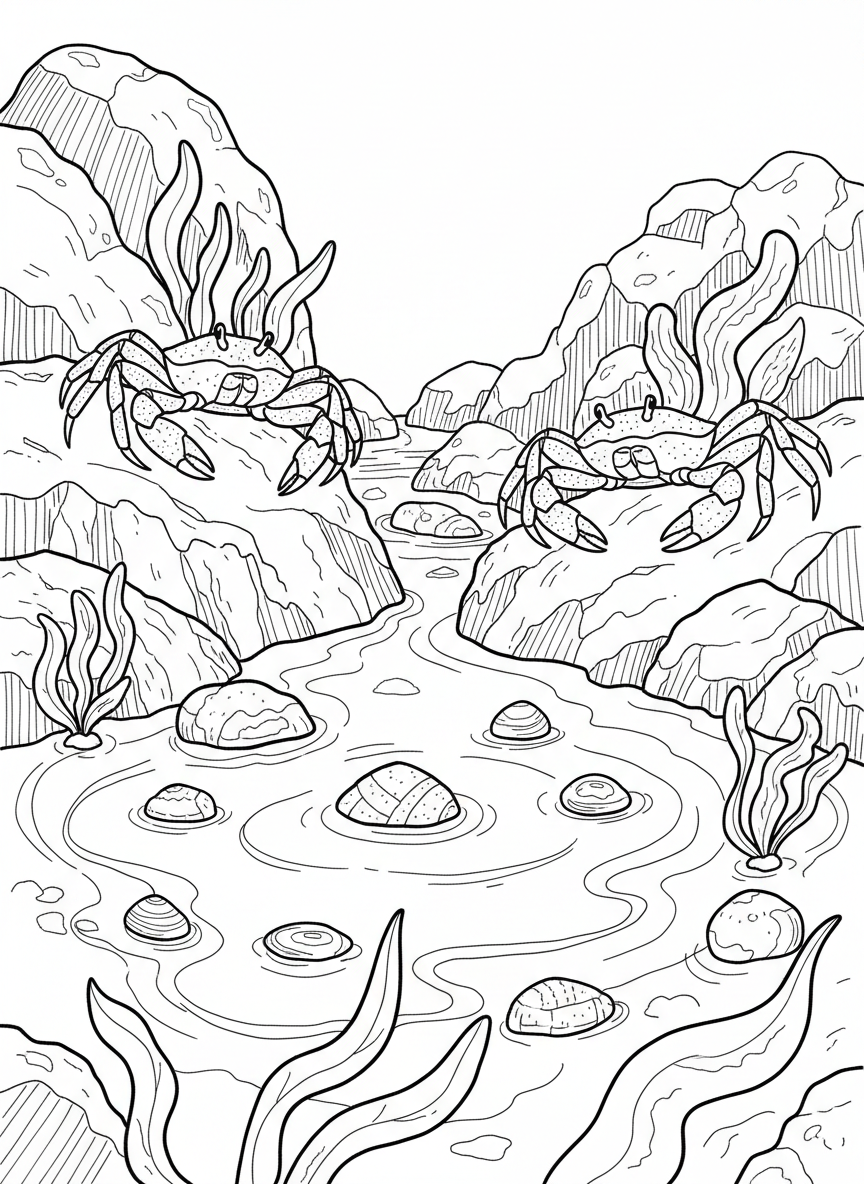 Two crabs facing each other on opposite rocks with a small tide pool between them, seaweed and shells decorating the scene