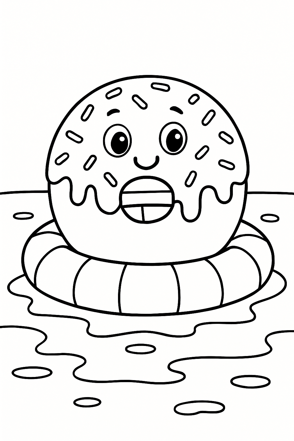 A donut floating on an inner tube in a pool of chocolate milk.