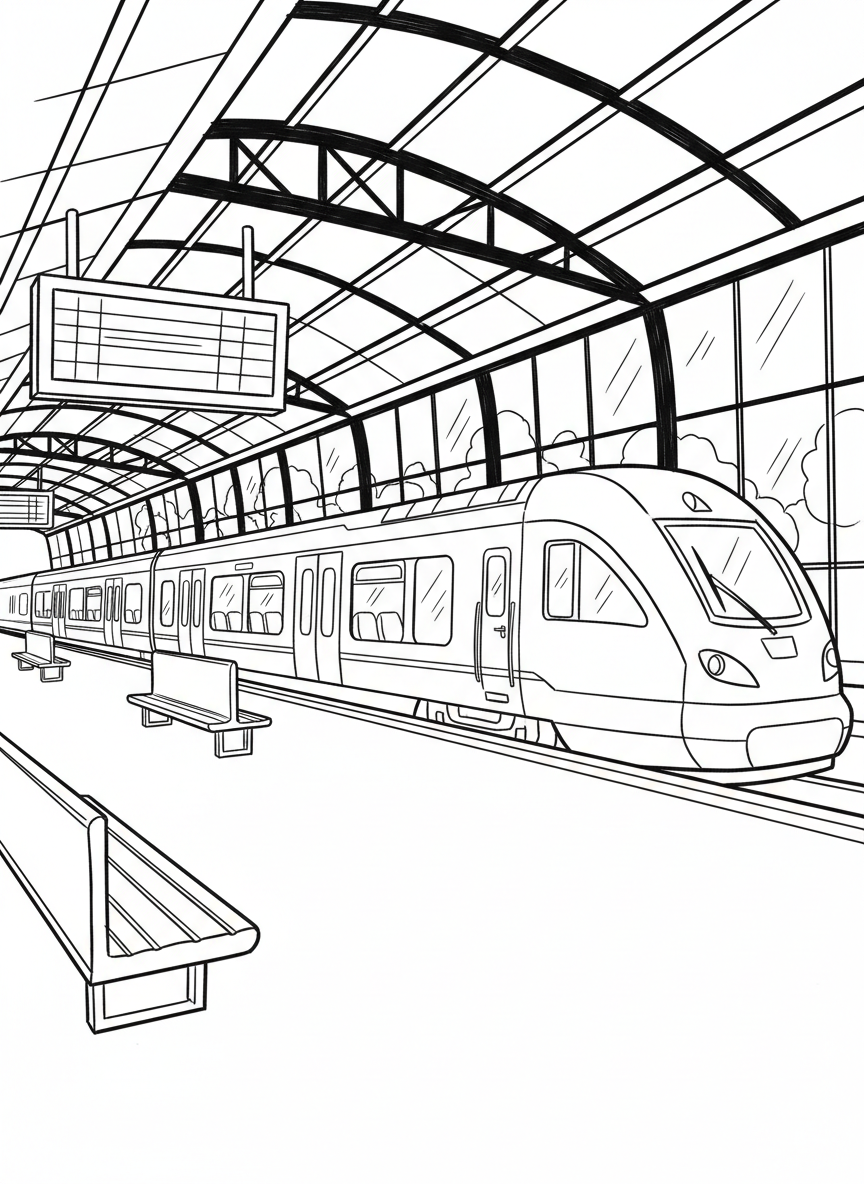 A sleek electric commuter train at a modern glass-roofed station with benches and departure boards visible