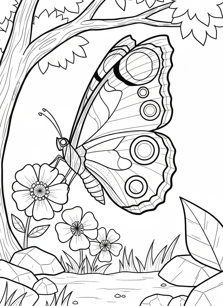 An origami peacock butterfly with eye-spot patterns on all four wings, side view showing body segments