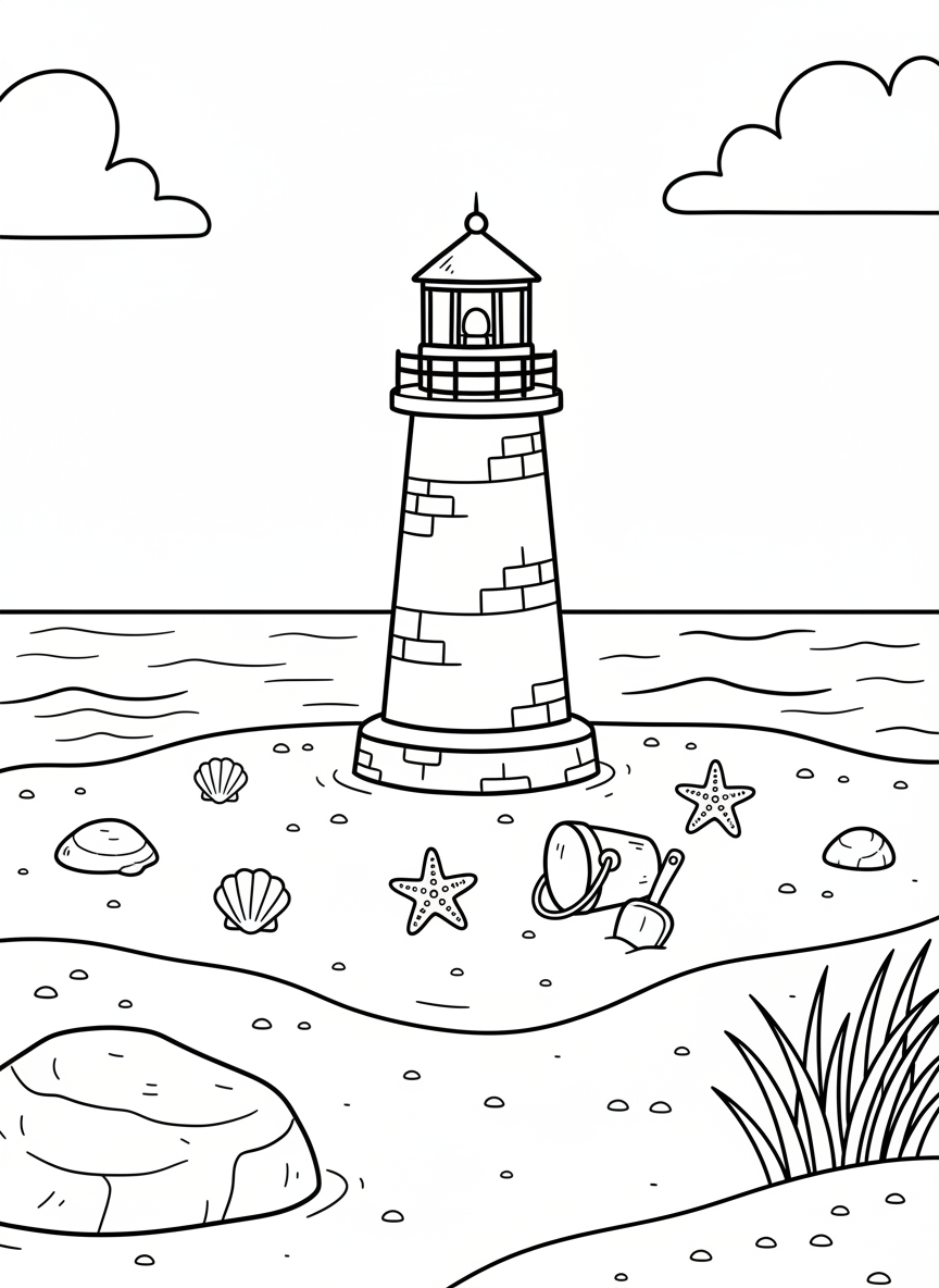 A small lighthouse on a sandy beach with seashells, starfish, and a bucket and shovel in the foreground, perfect for young children