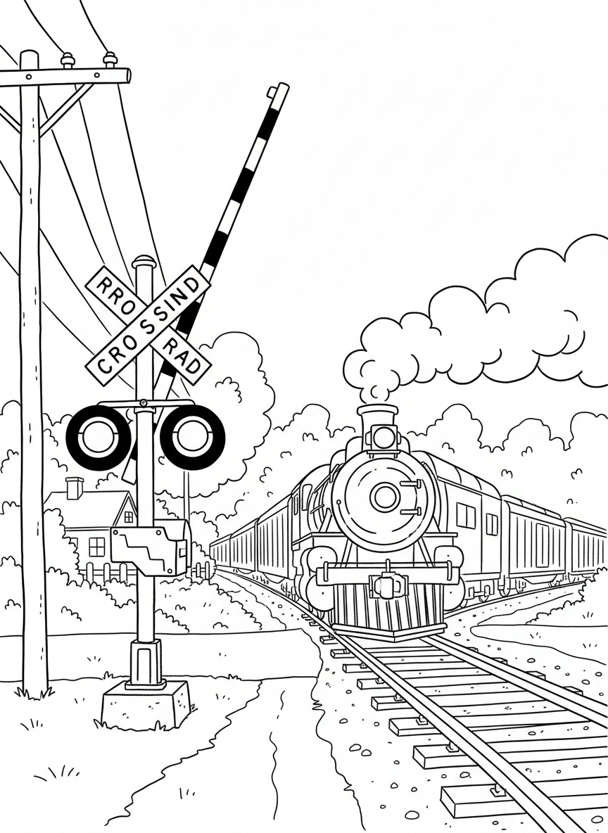 A railroad crossing with flashing lights, a striped gate arm lowering, and a train approaching on the tracks.
