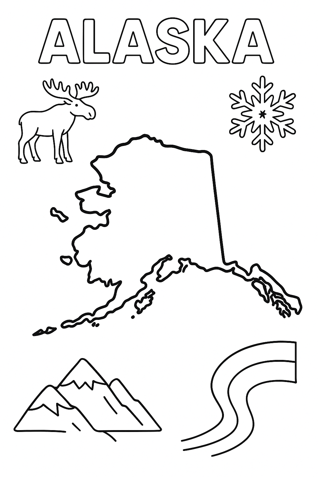 Alaska Write “Alaska” in outlined letters at the top of the page. Create an outline of the state centered. the outline of the state should be the most prominent aspect of the page. Add one moose, one snowflake, one mountain, and one northern light arc in page corners.