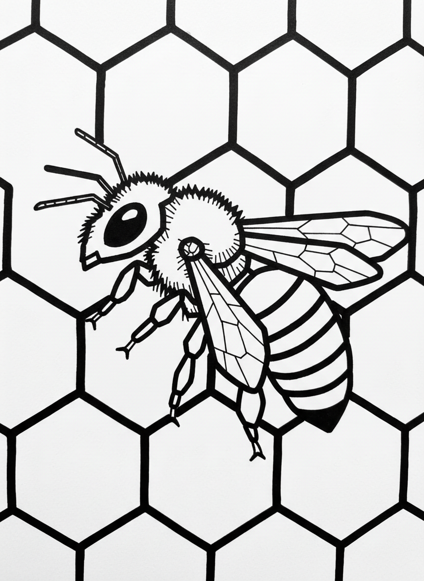 A close-up of a honeybee on a honeycomb pattern with hexagonal cells, showing geometric shapes in nature.