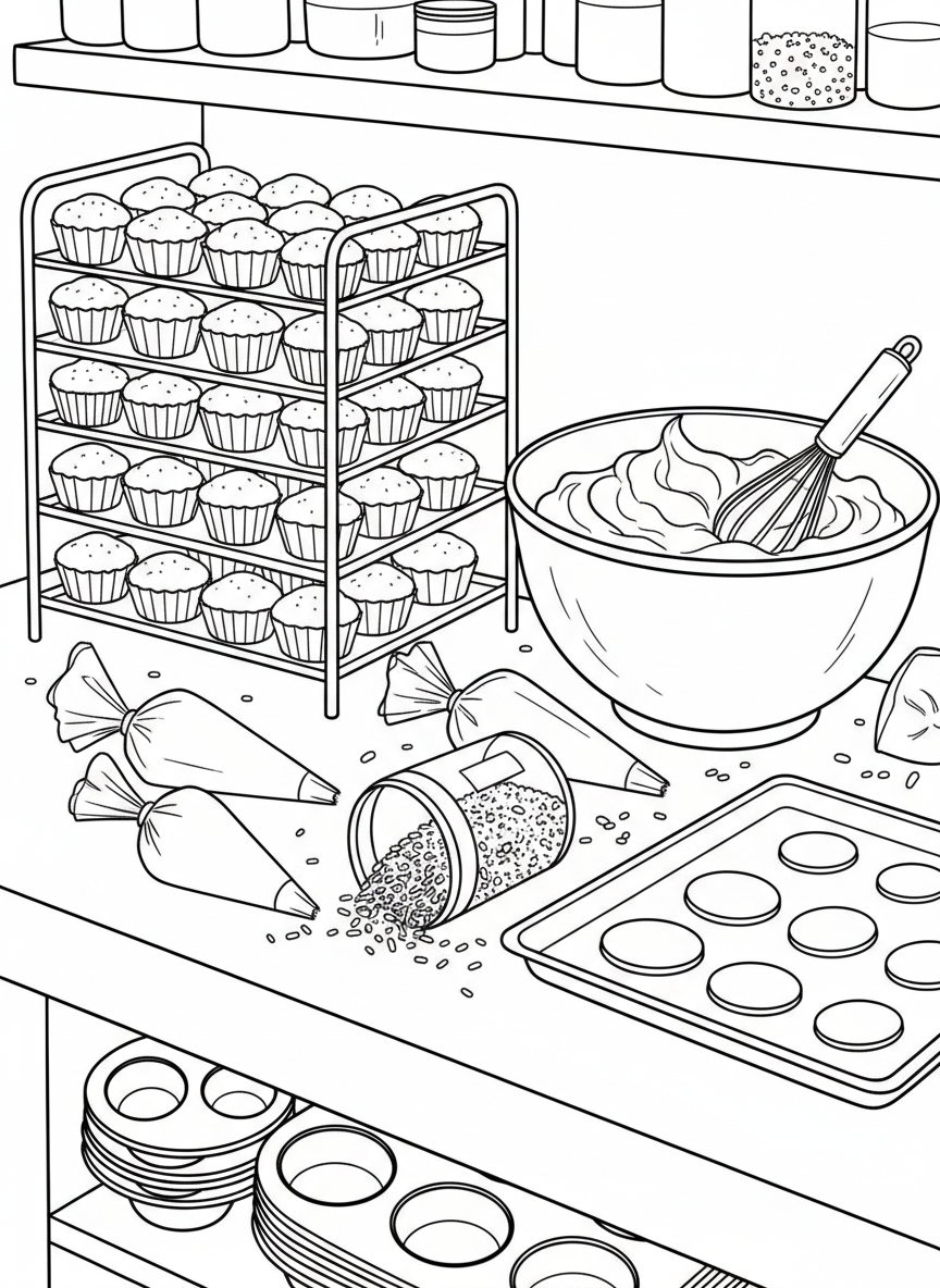 A busy kitchen counter filled with cupcake trays, frosting bowls, sprinkles scattered across the surface, and fresh baked treats cooling nearby.