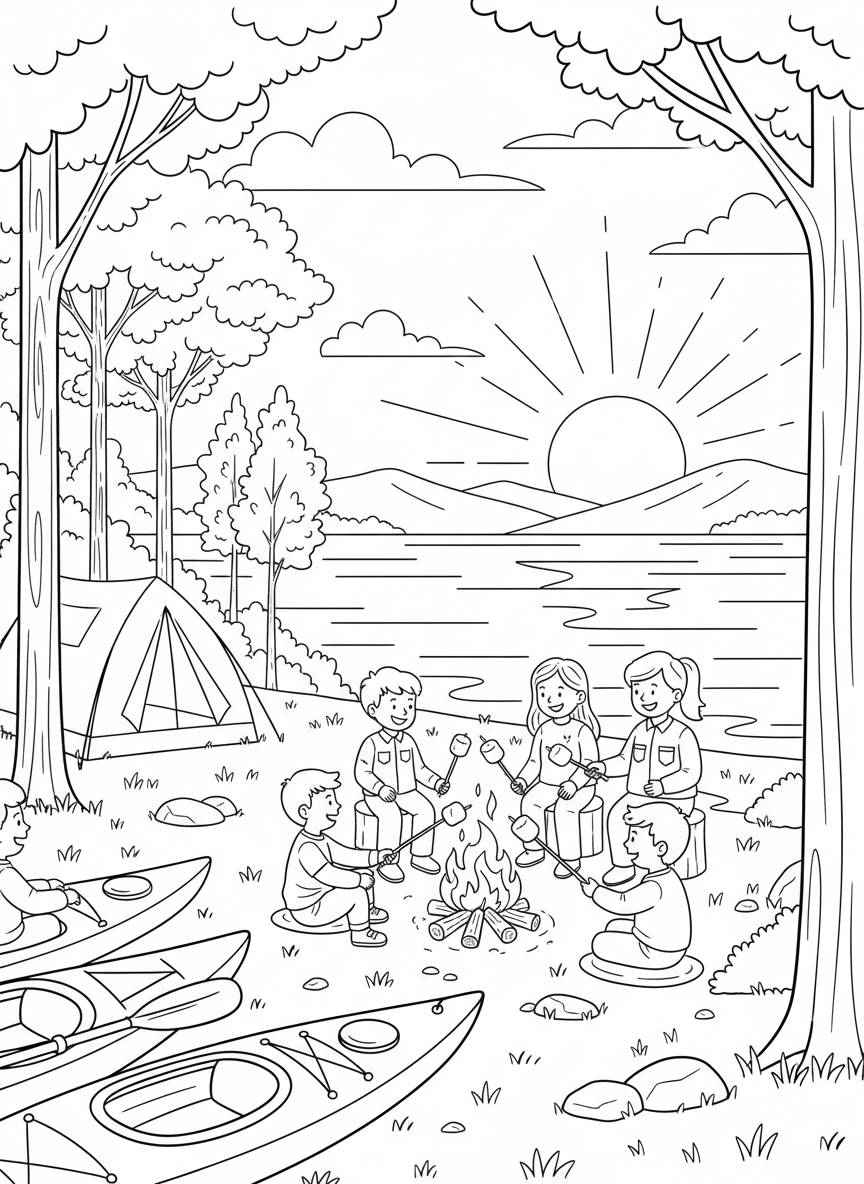 Labor Day coloring page prompts celebrating the close of summer, long-weekend relaxation, outdoor gatherings, and community spirit.	A lakeside camping trip over Labor Day weekend, kayaks pulled ashore and families roasting marshmallows as the sky turns pink at dusk.