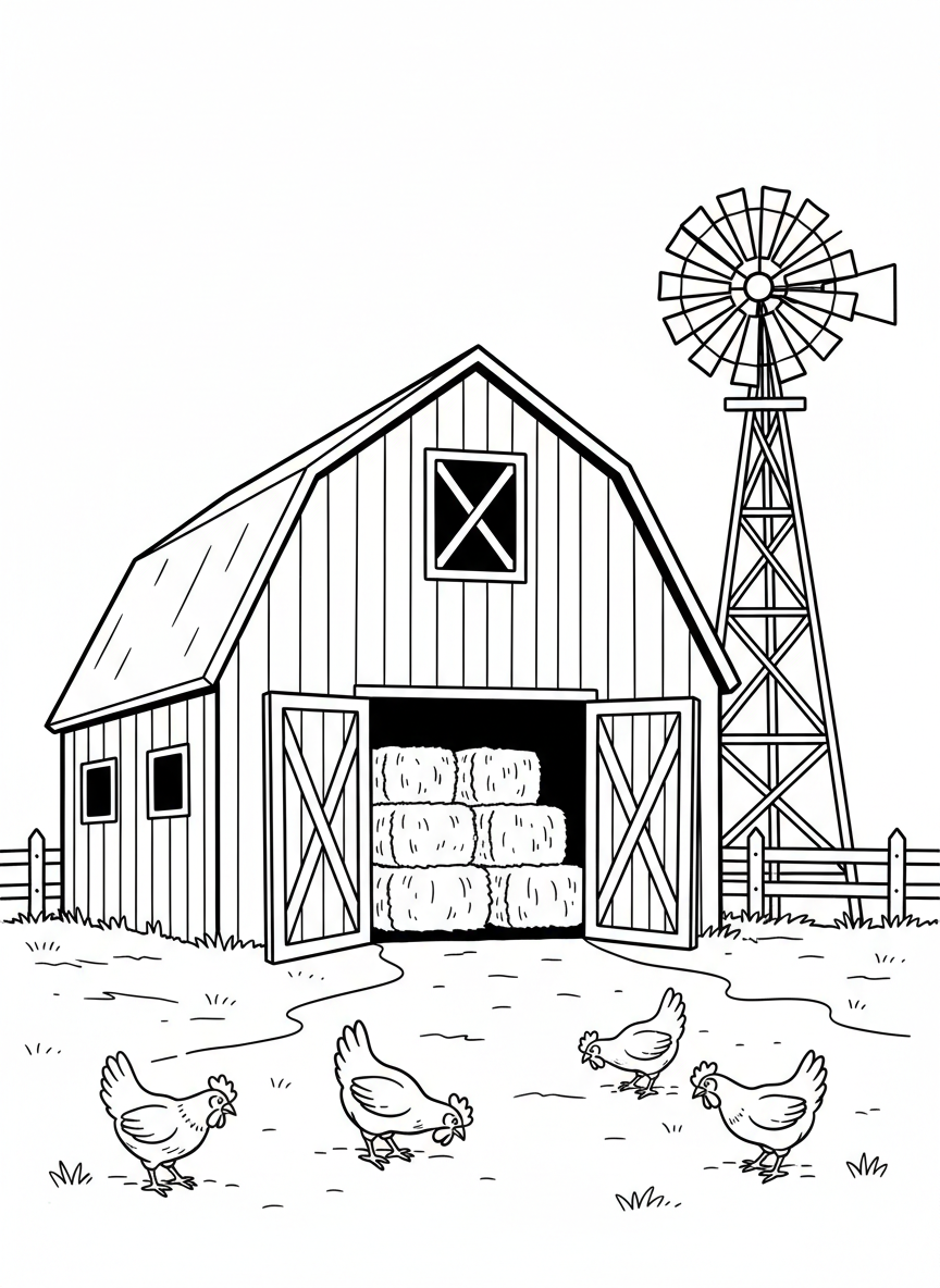 A red barn with open doors showing hay bales stacked inside, with chickens pecking around the yard and a windmill nearby.