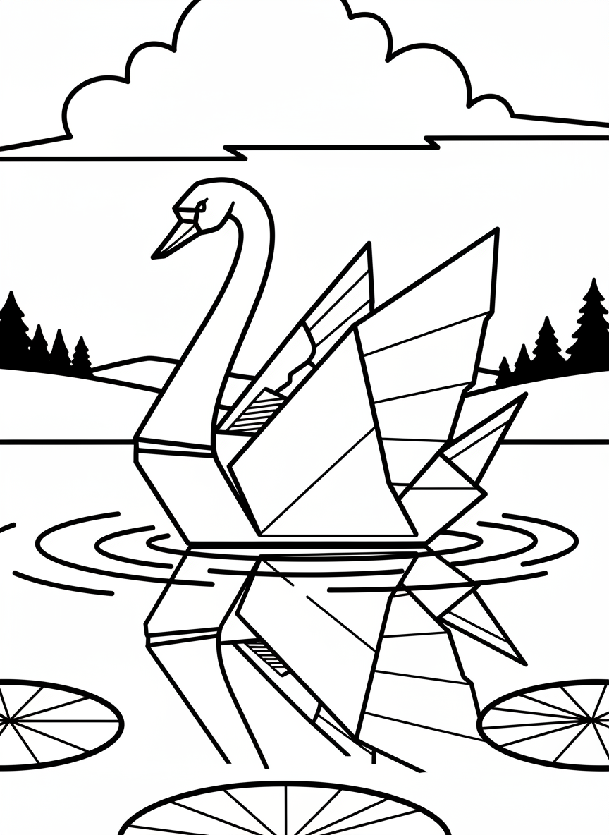 An origami swan floating gracefully, with elegant curved neck, detailed wing folds, and reflection suggested beneath it on water.