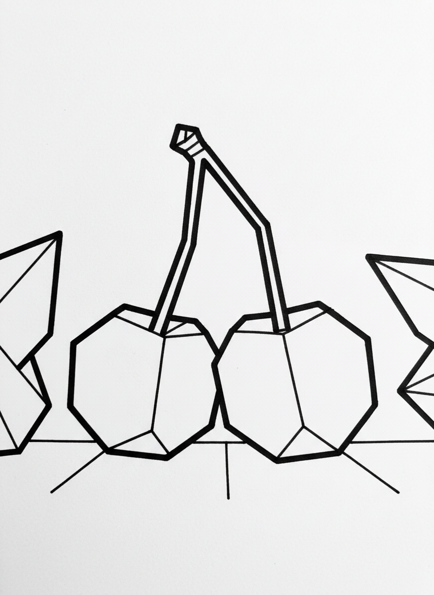 A simple origami cherry pair connected by paper stems, each cherry showing triangular fold lines and geometric round shapes