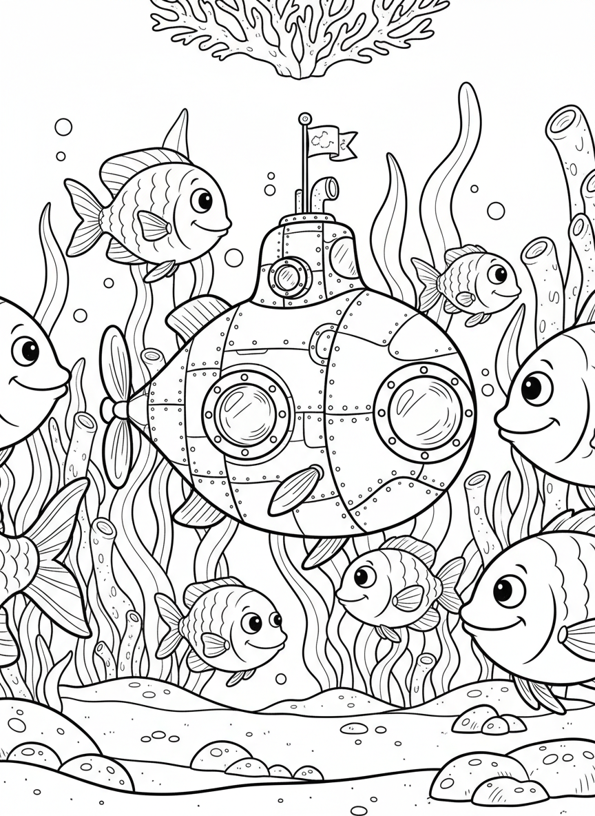 A whimsical handcrafted submarine with porthole windows, swimming among friendly fish and seaweed, simple line art design