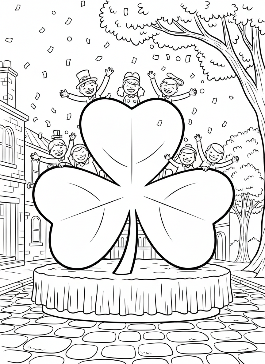 A large parade float shaped like a giant shamrock with smiling children waving from the top, surrounded by confetti.
