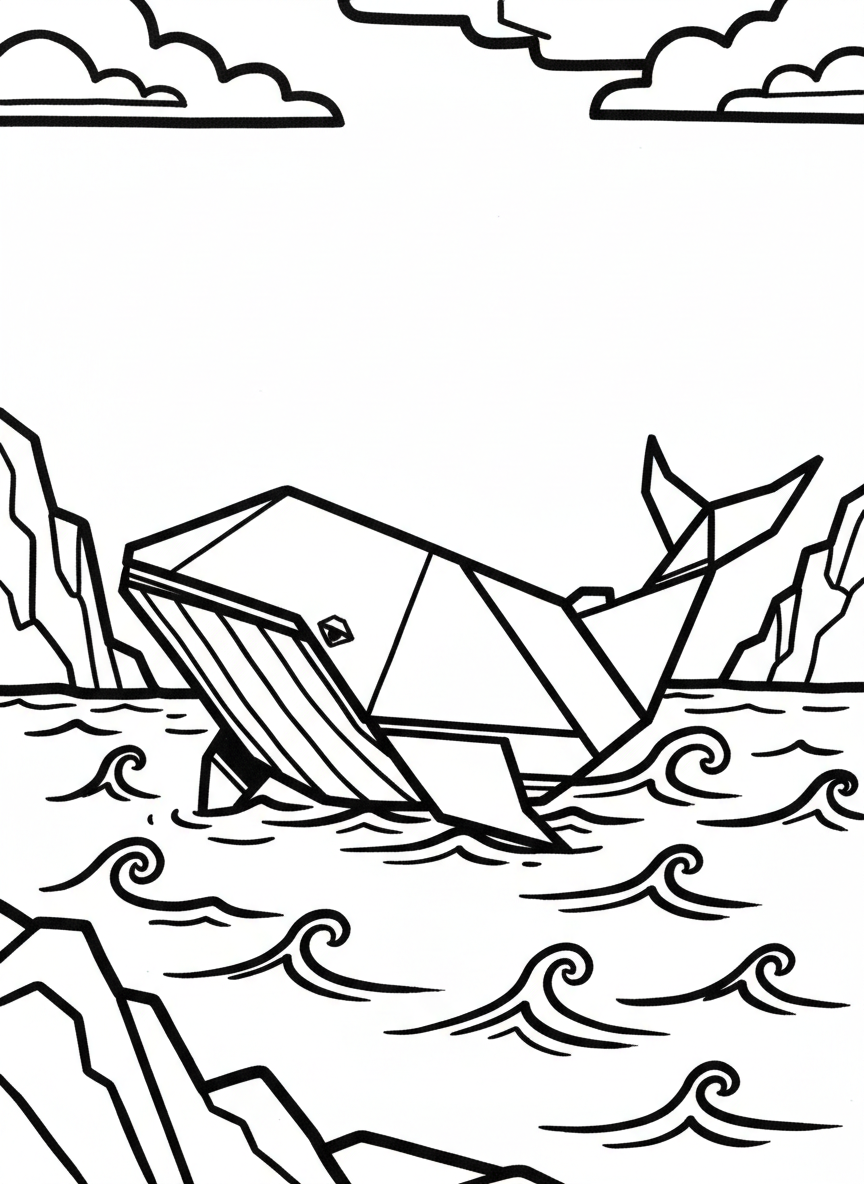 A simple origami whale with geometric folded paper triangles and clean angular lines, floating in water with small waves beneath it.