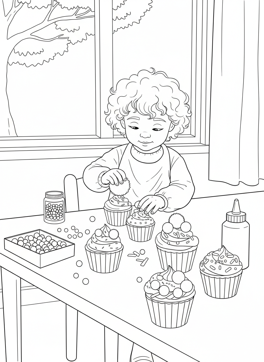 A child decorating cupcake-shaped paper crafts with tissue paper, glitter, and pom-poms to look like delicious treats.
