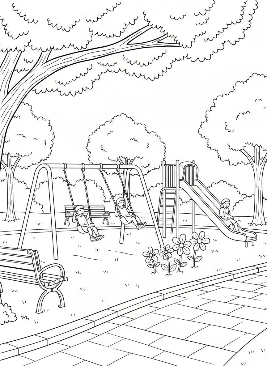 Children playing on swings and slides in a Charlotte city park with trees, flowers, and park benches surrounding the playground.