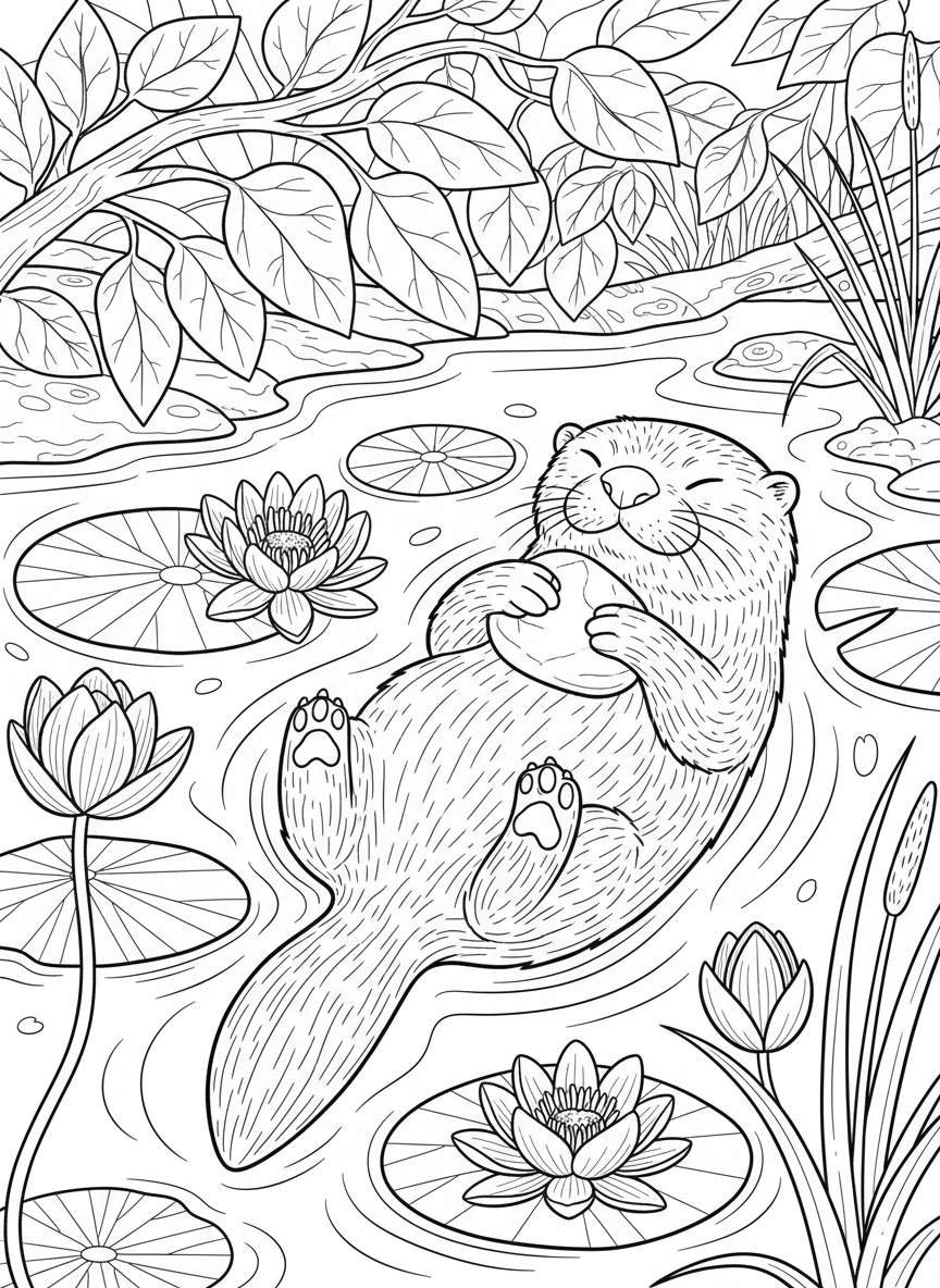 An otter floating on its back in a pond with water lilies, peaceful coloring page