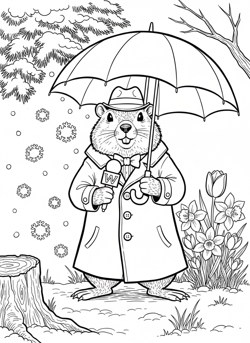 A groundhog dressed as a weather reporter holding an umbrella, standing between winter snowflakes and spring flowers