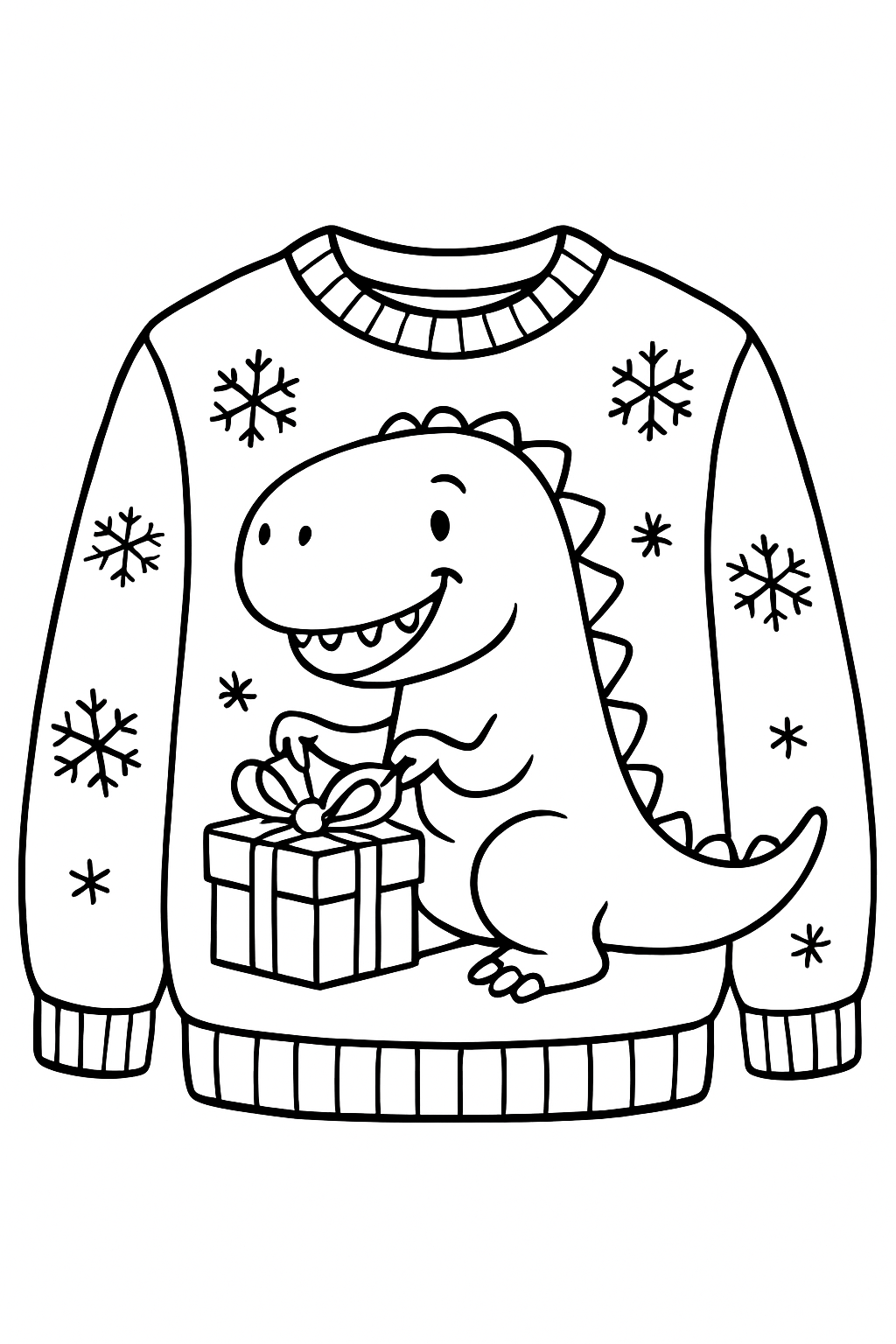 ugly sweater: Dino-Mite: A sweater featuring a happy T-Rex trying to wrap a gift with its tiny arms, surrounded by snowflakes.