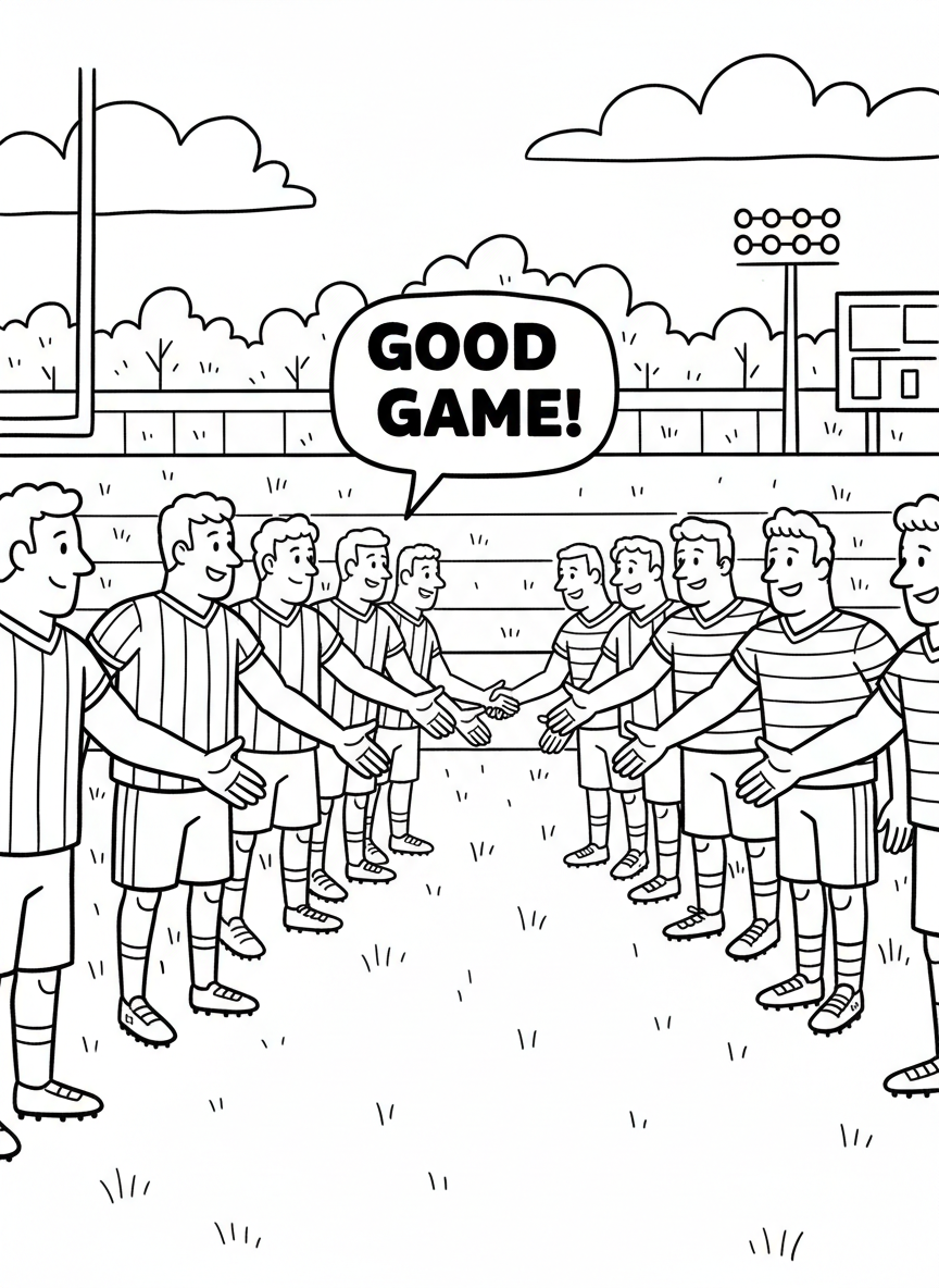 A friendly post-game scene where two opposing teams line up to shake hands and say good game to each other.