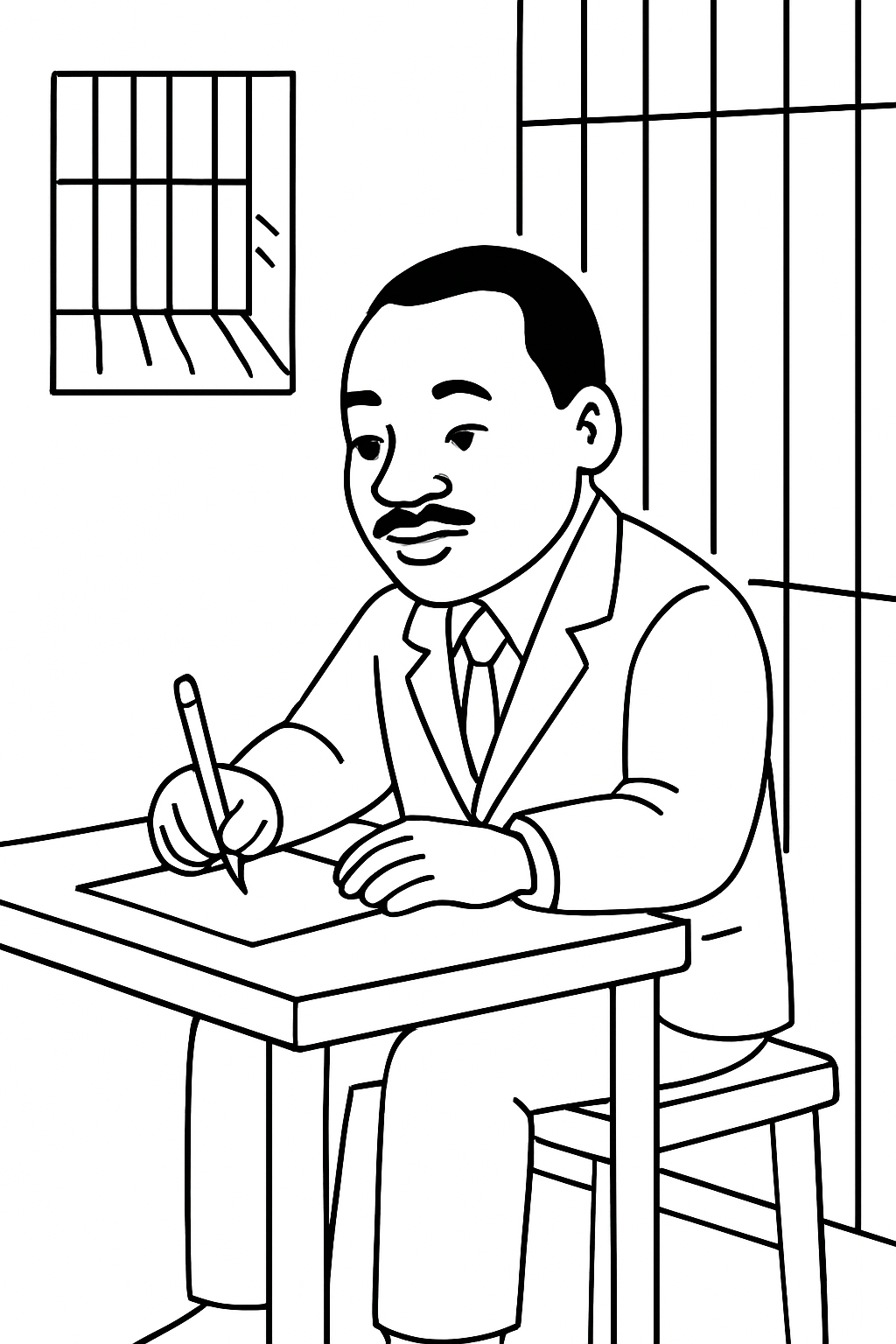 Martin Luther King Jr. seated at a small desk inside a jail cell, writing thoughtfully on paper, calm and resolute expression, barred window allowing light to shine in, moment inspired by perseverance and moral conviction