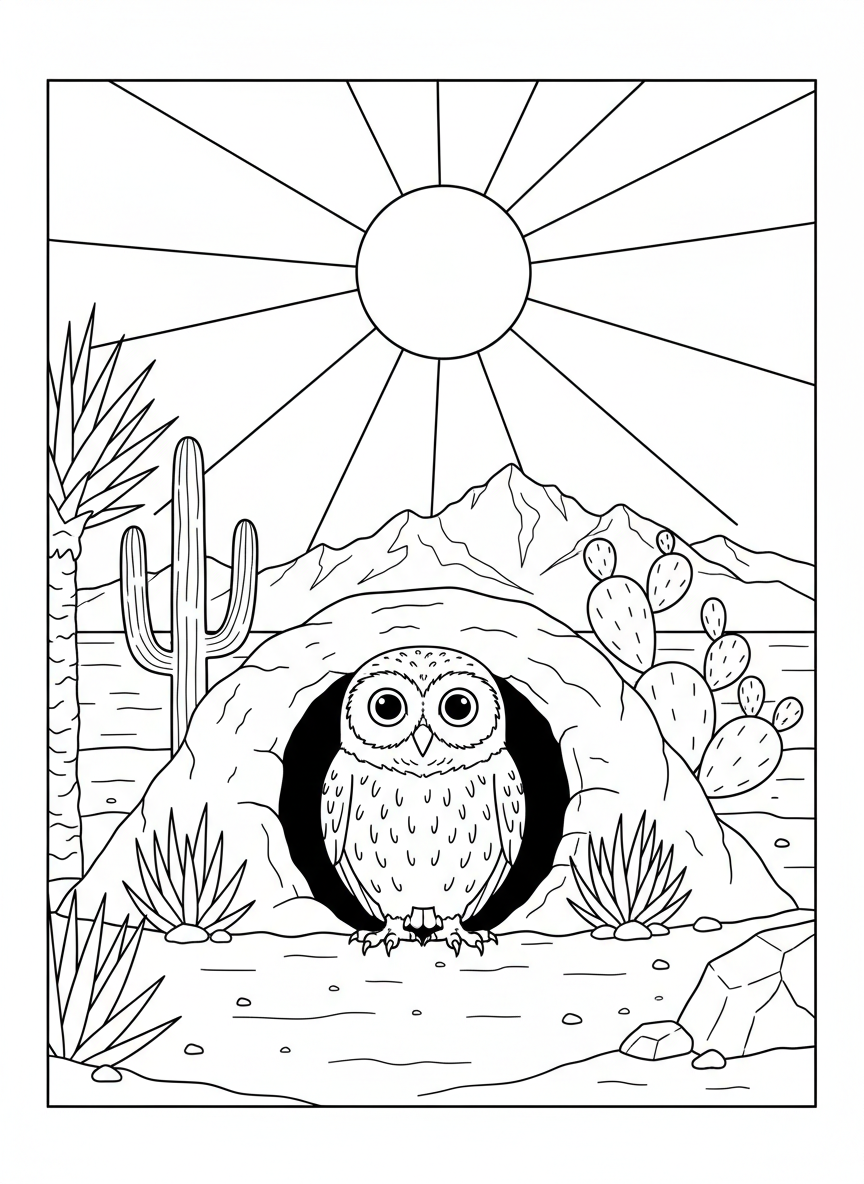 A burrowing owl standing at the entrance of its underground home with a sunny desert background.