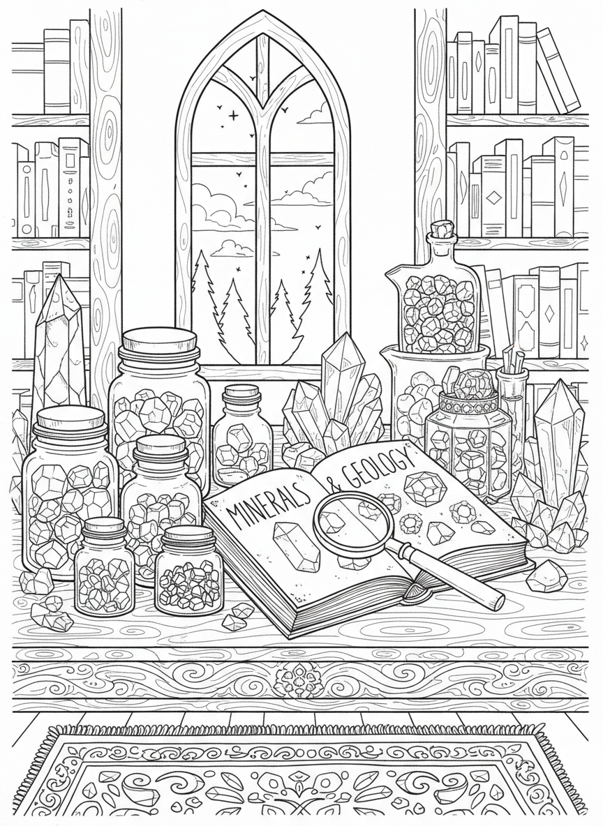 A wizard's study table covered with crystals, gemstones in jars, a magnifying glass, and an open book about minerals.