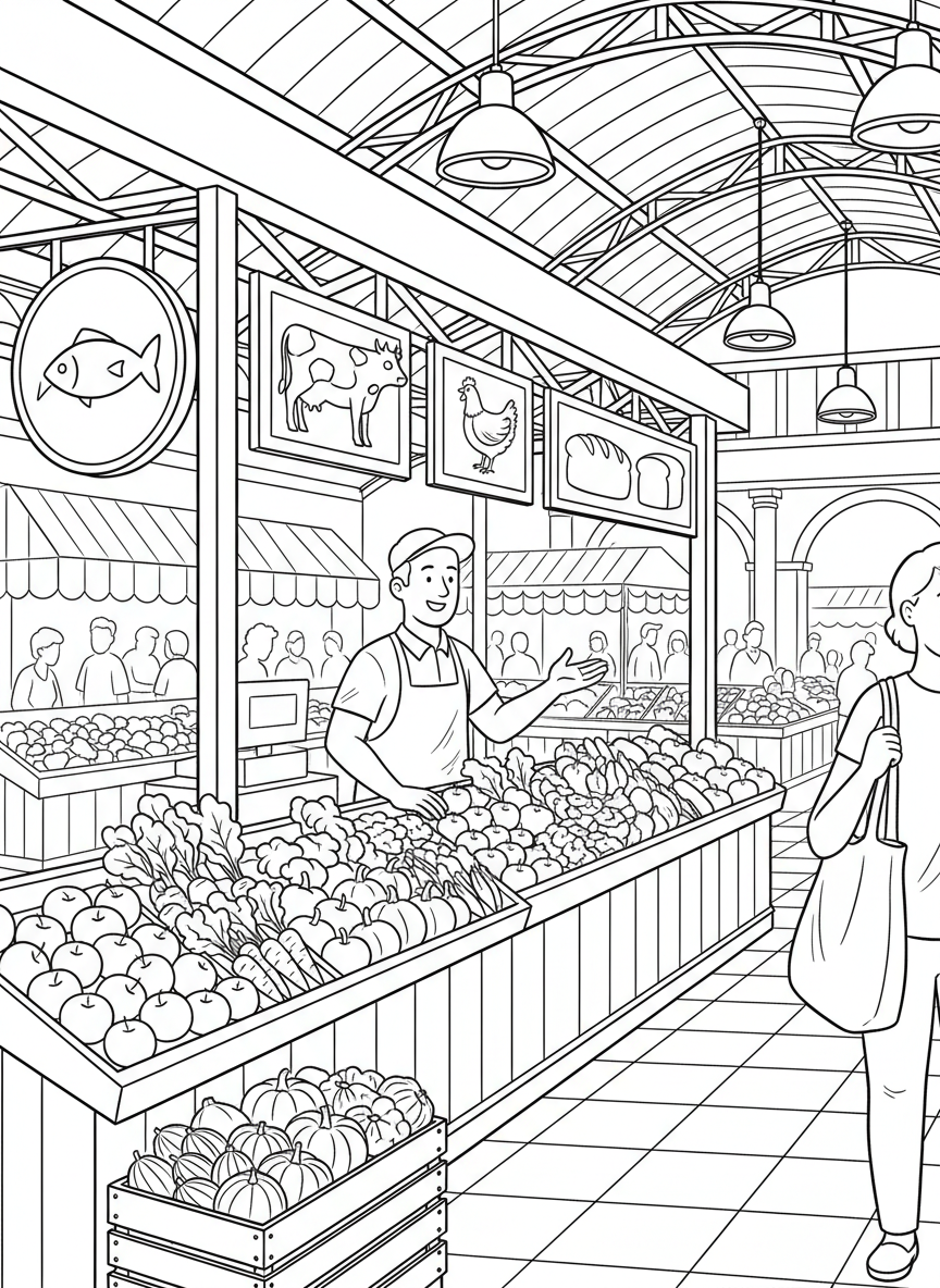 A Reading Terminal Market scene with vendor stalls, hanging signs, fresh produce displays, and friendly shopkeepers behind counters.