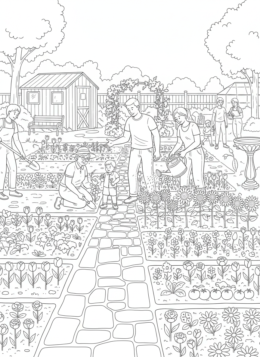 A community garden scene with people of different ages planting flowers and vegetables together on the holiday.