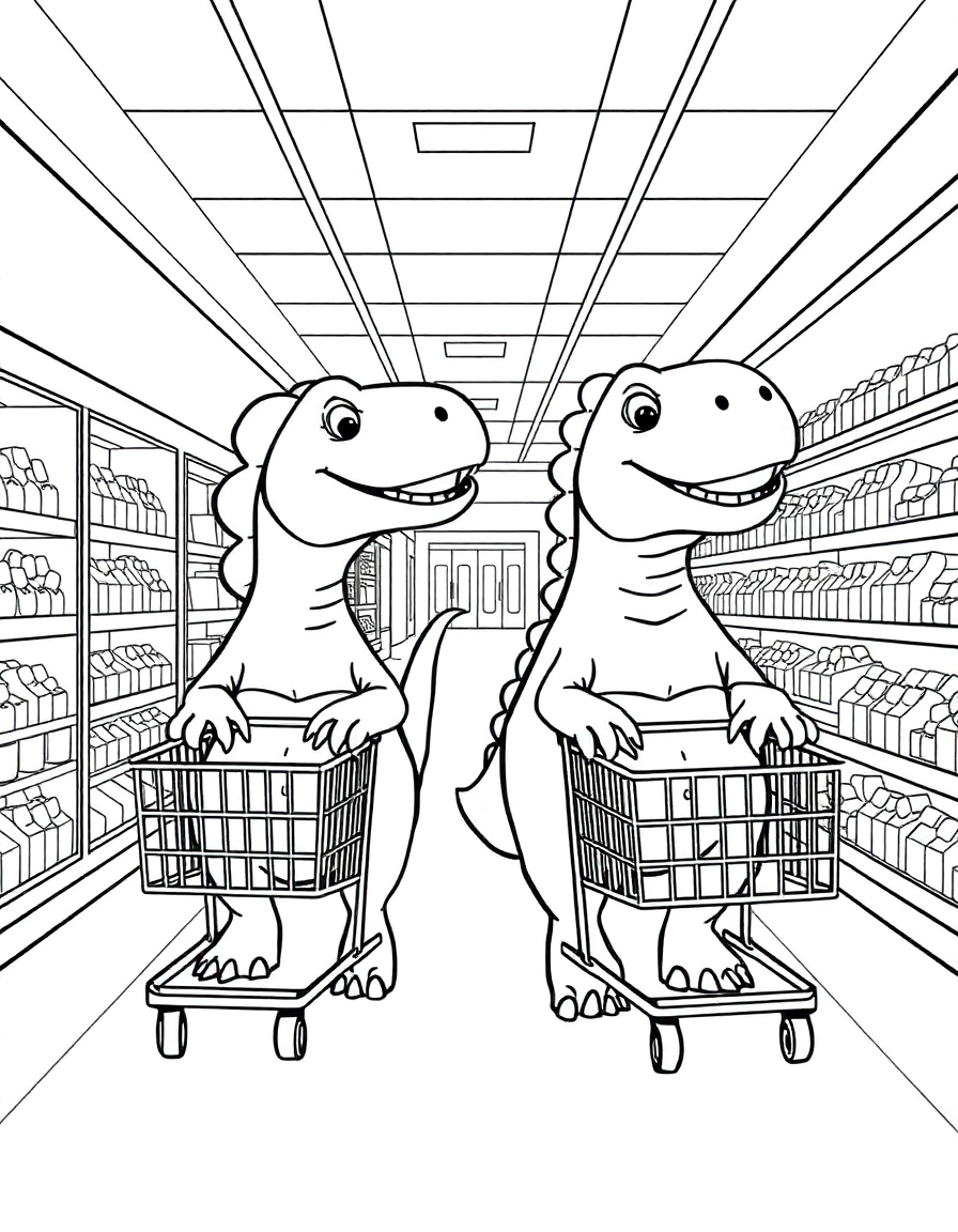 two dinosaurs walking down a grocery store with shopping carts