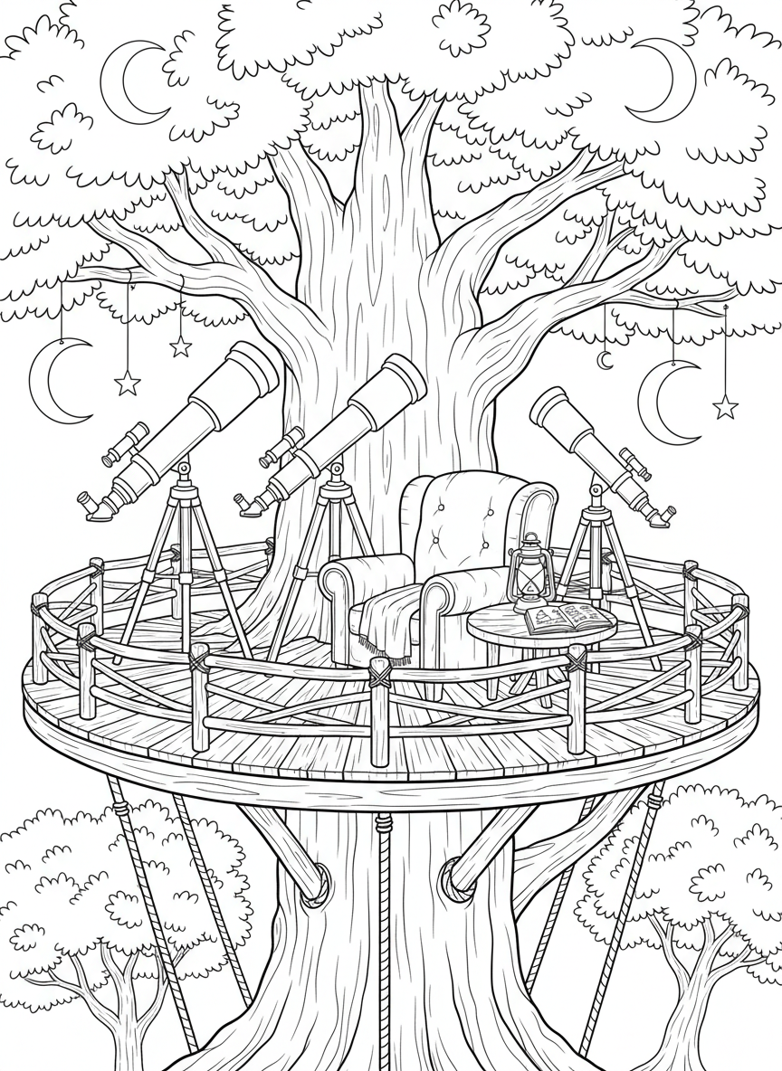 A wide treehouse platform with multiple telescopes of different sizes, a comfortable chair, and a small table with astronomy books and a lantern.