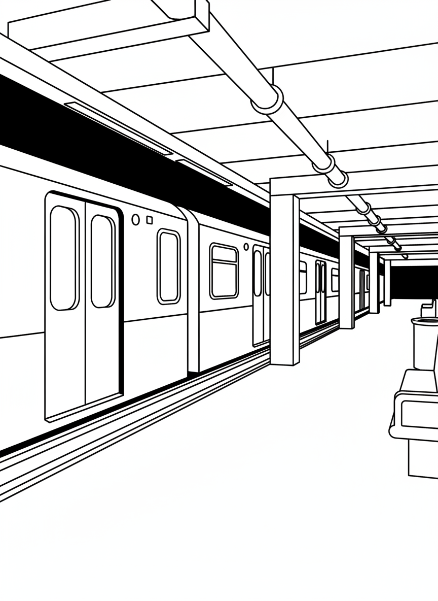 A New York City subway train entering a station platform, simple design showing the train car and platform edge, urban transportation theme.