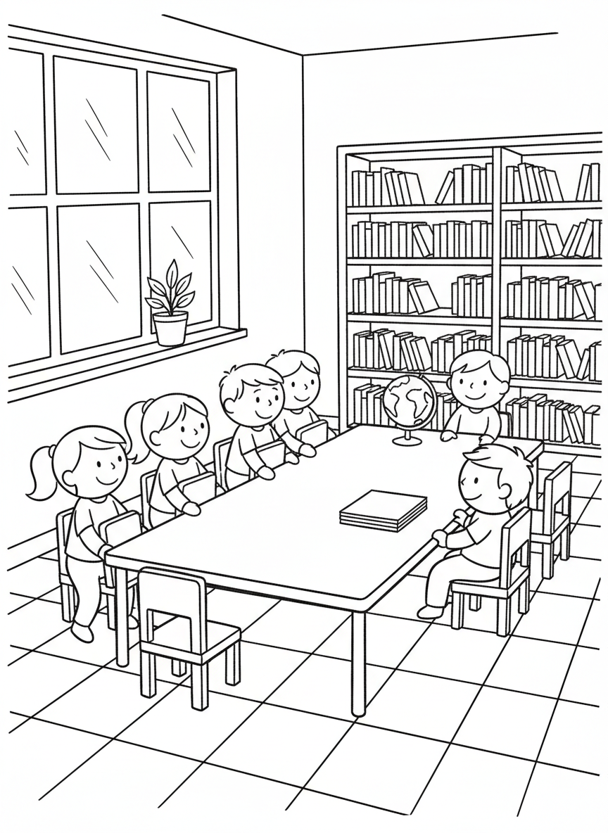 Children lining up chairs neatly next to a table, organized classroom scene, clean bold outlines, simple shapes, no text, no logos