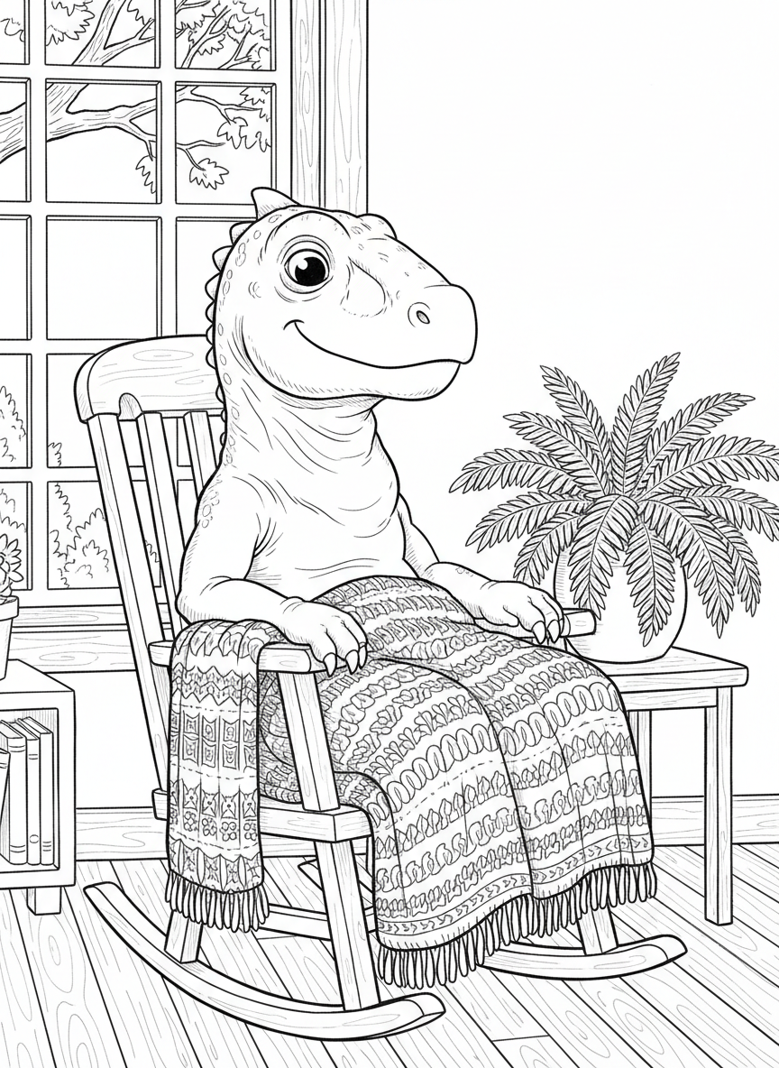 An Iguanodon sitting in a rocking chair with a knitted blanket, next to a side table with a potted fern.