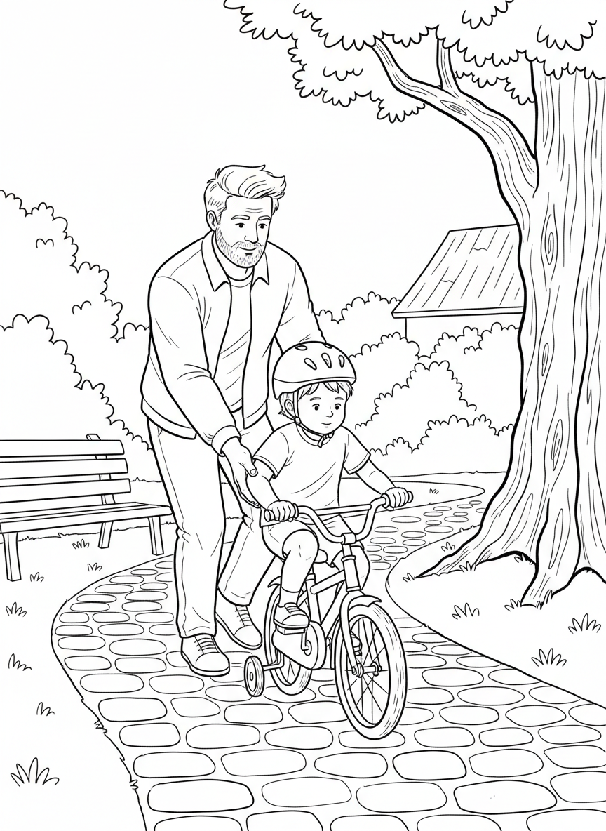 A father teaching a child to ride a bicycle, holding the back of the bike seat while the child pedals.