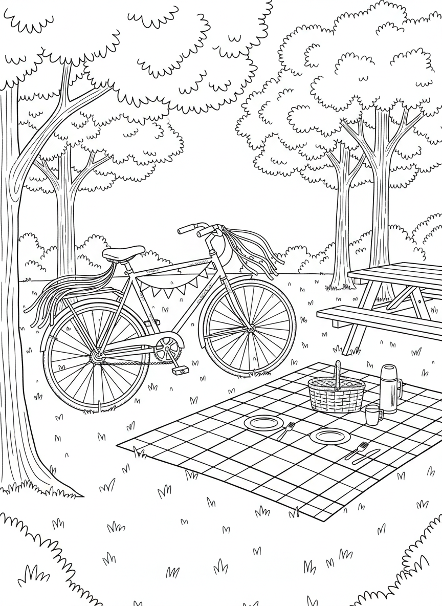 A bicycle decorated with streamers and flags parked next to a picnic area with trees in the background.