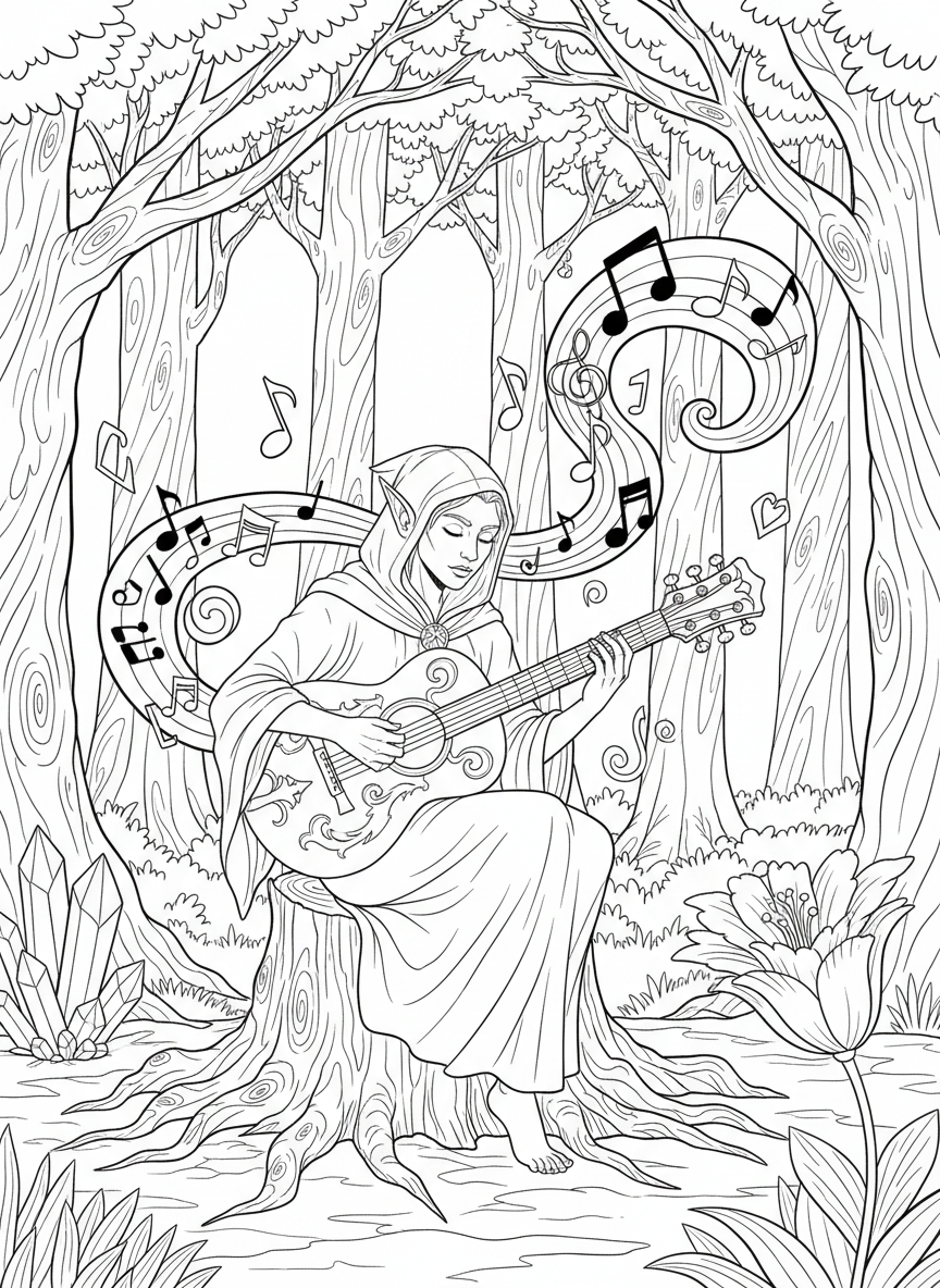 A fantasy character with pointy ears playing a guitar with musical notes floating around, music theme coloring page