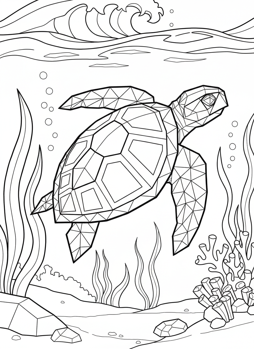 A detailed origami sea turtle with intricate shell patterns made of geometric triangular folds, swimming among paper seaweed